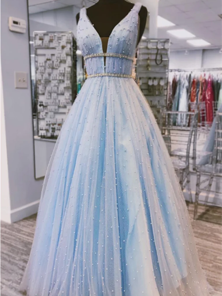 A-line V Neck Tulle Beaded Long Prom Dress Long Formal Evening Dress